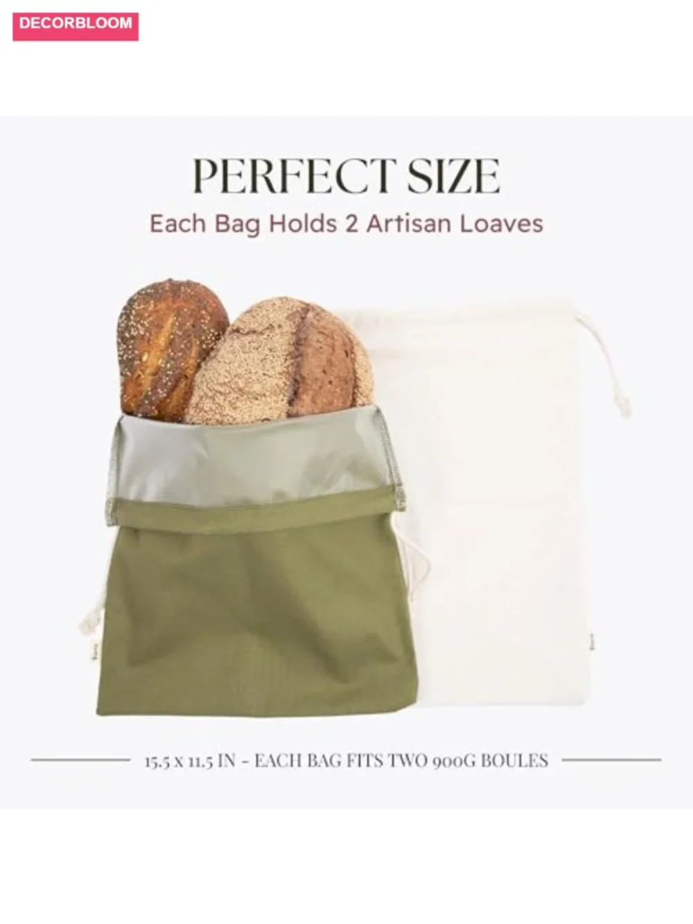 Reusable Cotton Linen Bread Bags - 2 Pack, Extra Large, Drawstring, Machine